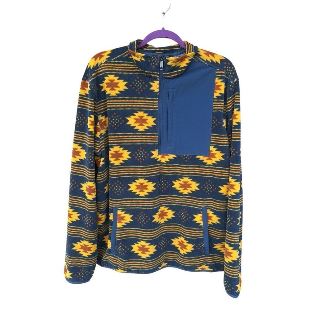 Duluth Trading Fleece Pullover L Aztec 1/4 Zip Sweater Sweatshirt Blue southwest